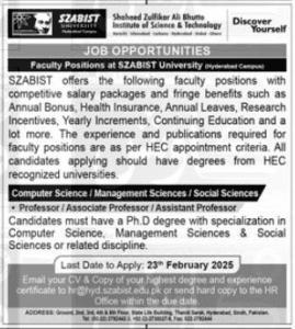 Latest Faculty Jobs at SZABIST University Apply