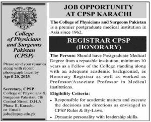 Latest Medical Jobs in CPSP Online Apply 2025