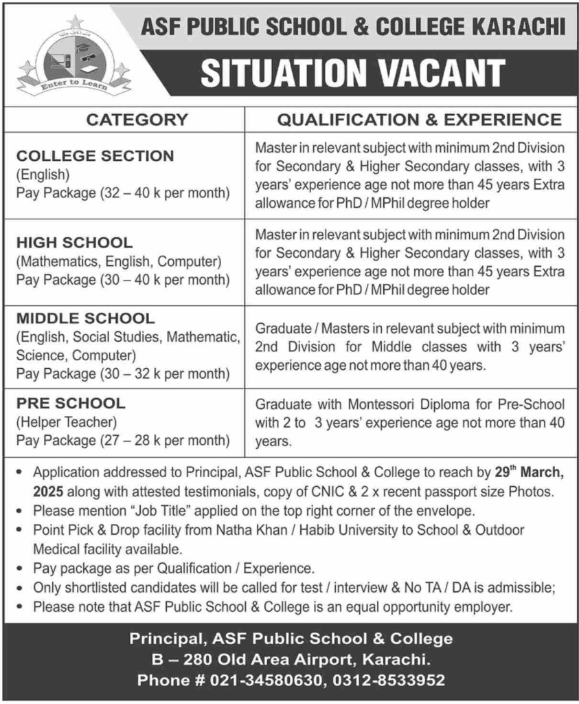 ASF Public School and College Sindh Jobs 2025 Today 1 ASF Public School and College Sindh Jobs 2025