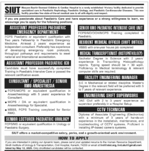 SIUT Jobs at Maryam Bashir Dawood Children 2025