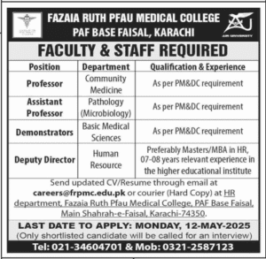 Today Fazaia Ruth Pfau Medical College Jobs New 2025