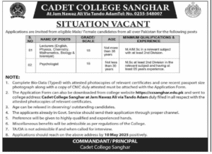 New Today Cadet College Sanghar Jobs 2025