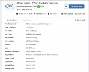Today UBL United Bank Limited Matric Pass New Jobs