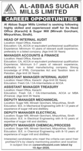 Job Opportunities at Al Abbas Sugar Mills Limited Sindh 2025