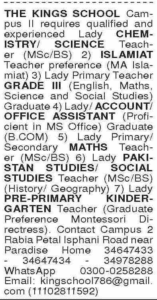 Latest Jobs at The Kings School Campus II Sindh 2025