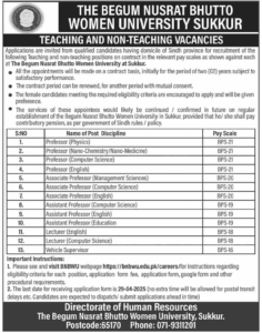 Today Sunday BNBWU Sukkur Jobs 2025
