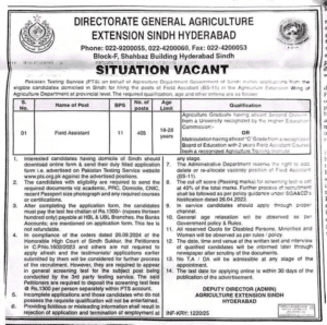 Agriculture Department Govt Sindh 405 Vacancies 2025