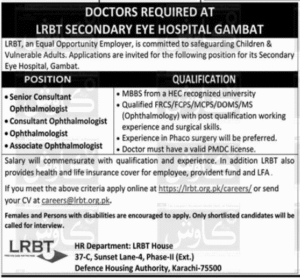 Daily LRBT Secondary Eye Hospital Gambat Jobs 2025