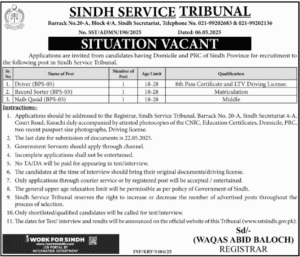 Sindh Service Tribunal Jobs 2025 Situation Vacant