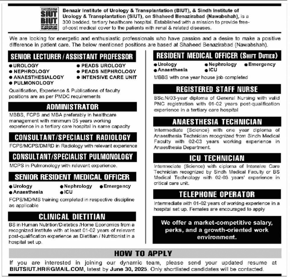 Latest BIUT Benazir Institute of Urology Jobs 1 Latest BIUT Benazir Institute of Urology Jobs